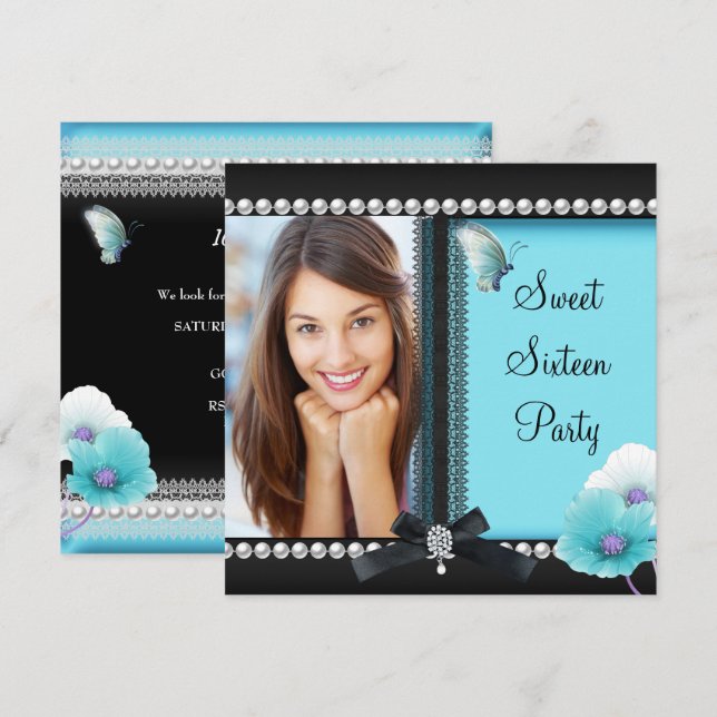 Invitation Sweet 16 Seize Turquoise Bleu Papillon noir (Devant / Derrière)