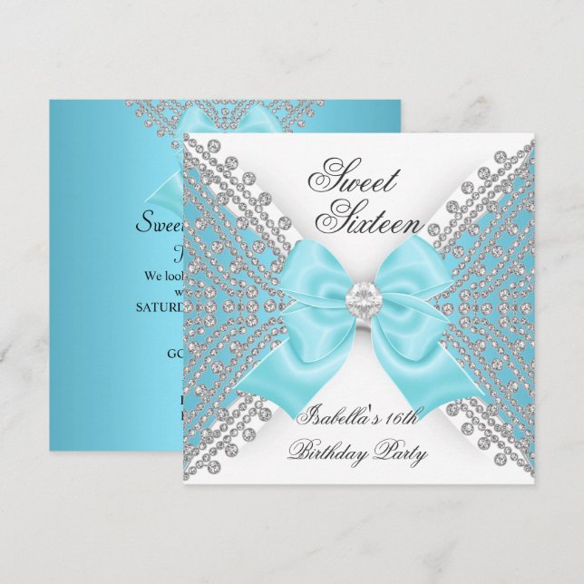 Invitation Sweet 16 Seize Turquoise Blue White Diamond Party (Devant / Derrière)