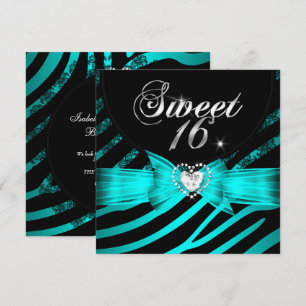 Invitation Sweet 16 Seteen Aqua Blue Black Zebra
