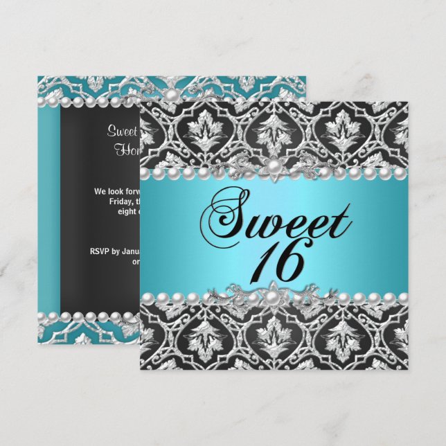 Invitation Sweet 16 Seteen Blue Turquoise Aqua Black Silver (Devant / Derrière)