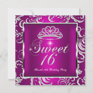Invitation Sweet 16 Seteen Party Plum rose Damask Argent