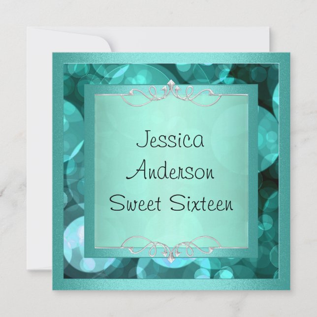 Invitation Sweet 16 Silver Turquoise Bubbles Metal Frame Part (Devant)