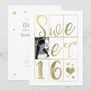Invitation SWEET 16 SIXTEEN Gold & White Hearts Photo