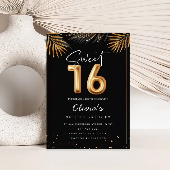 Invitation Sweet 16 Sixteenth With Golden Tropical Leaves (Créateur téléchargé)