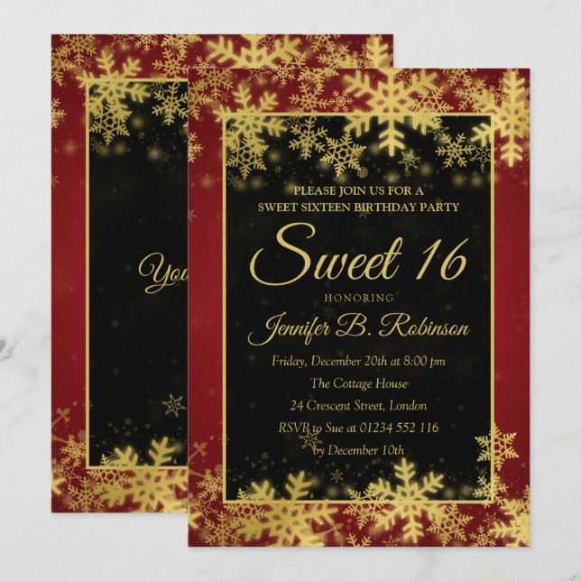 Invitation Sweet 16 Snowflakes Red & Gold Foil Anniversaire (Devant / Derrière)