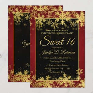 Invitation Sweet 16 Snowflakes Red & Gold Foil Anniversaire