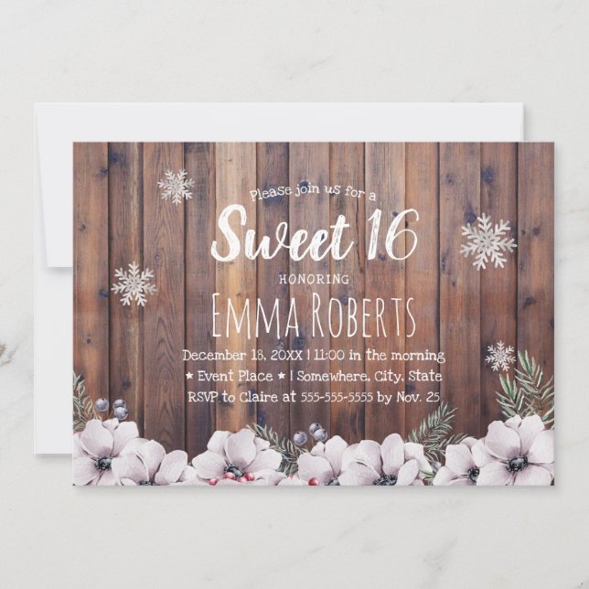 Invitation Sweet 16 Snowflakes Rustiques Floraux d'hiver (Devant)