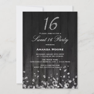 Invitation Sweet 16 Sparkle Diamant Argent Noir