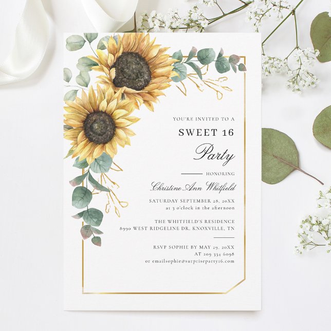 Invitation Sweet 16 Sunflower Eucalyptus fête d'anniversaire (Sweet Sixteen Sunflower Floral Eucalyptus 16th Birthday Party Invitation)
