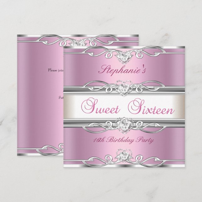 Invitation Sweet 16 sweet sixteen Anniversaire fête Pink Silv (Devant / Derrière)