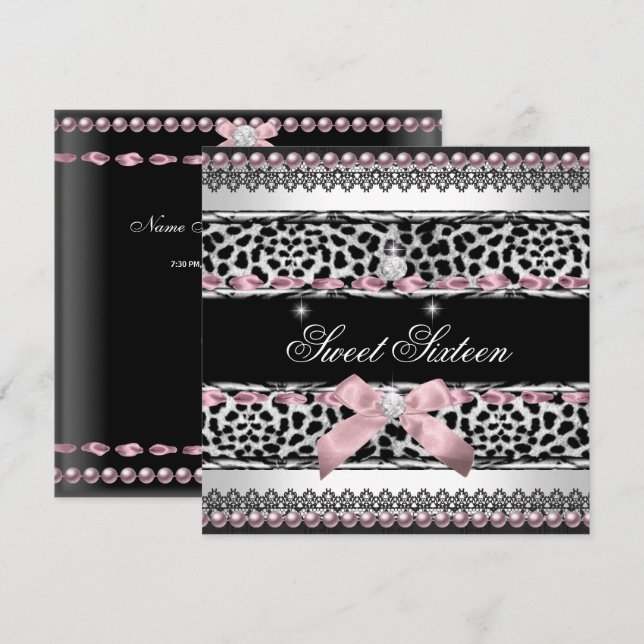 Invitation Sweet 16 Sweet sixteen blanc rose noir léopard (Devant / Derrière)