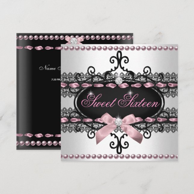 Invitation Sweet 16 Sweet sixteen blanc rose noir perle de de (Devant / Derrière)