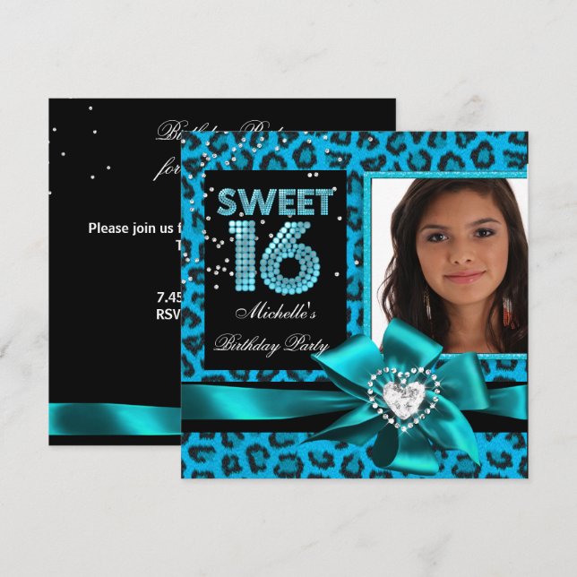 Invitation Sweet 16 Sweet sixteen Blue Leopard Photo (Devant / Derrière)