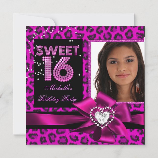Invitation Sweet 16 Sweet sixteen Chaud rose léopard photo (Devant)