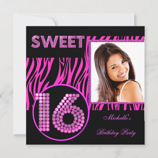 Invitation Sweet 16 Sweet sixteen rose chaud Zèbre photo (Devant)
