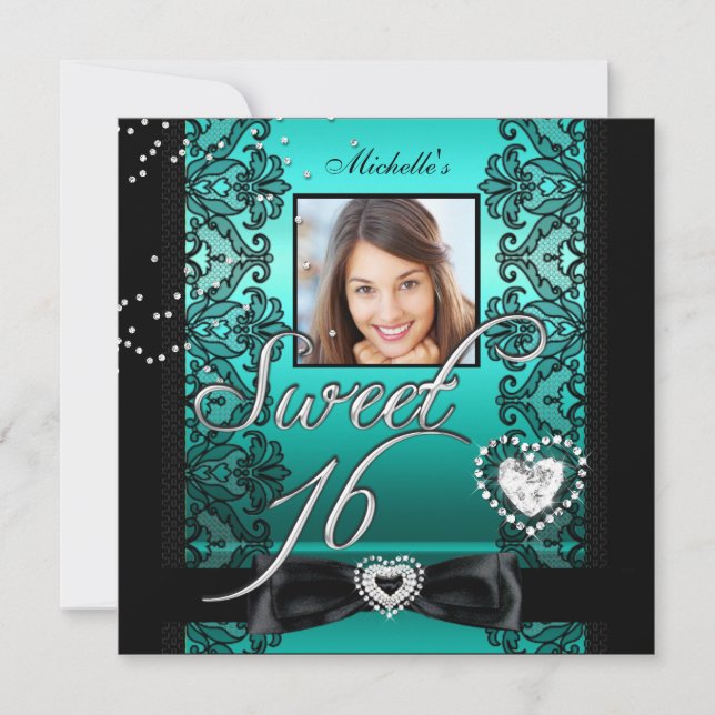 Invitation Sweet 16 Sweet sixteen Turquoise noir dentelle pho (Devant)