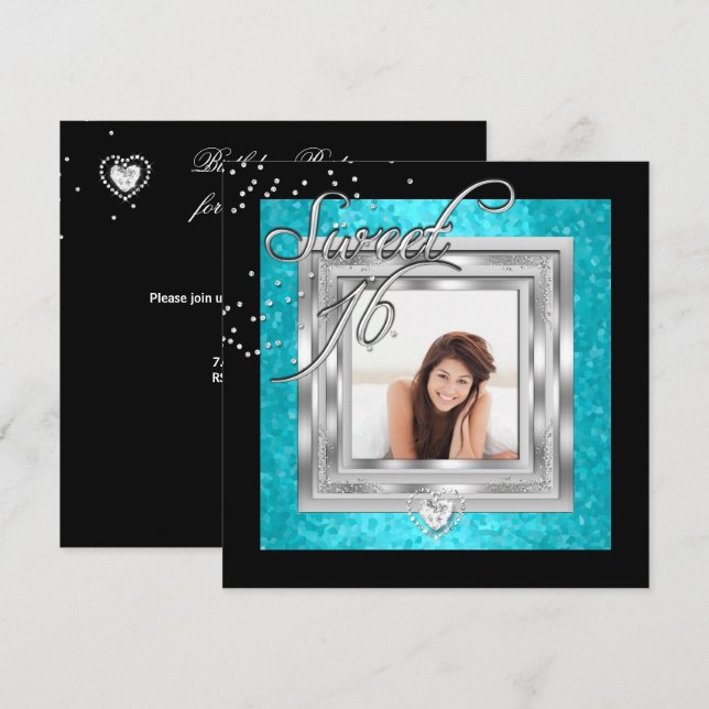 Invitation Sweet 16 Sweet sixteen Turquoise Photo noir (Devant / Derrière)