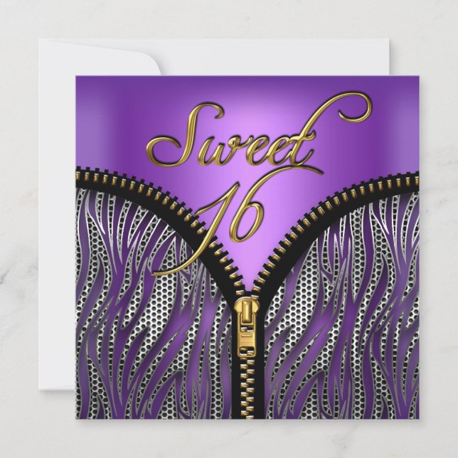 Invitation Sweet 16 Sweet sixteen Zebra Purple Gold Noir (Devant)
