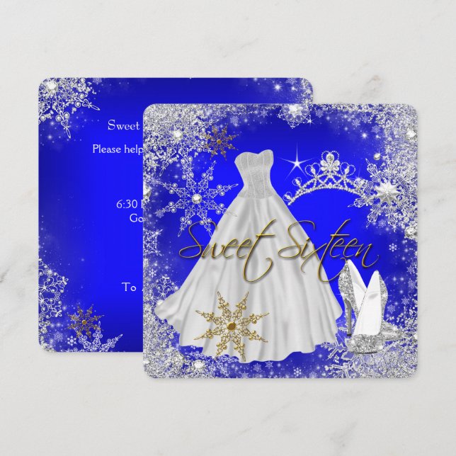 Invitation Sweet 16 Sweets sixteens Royal Blue White Snowflak (Devant / Derrière)