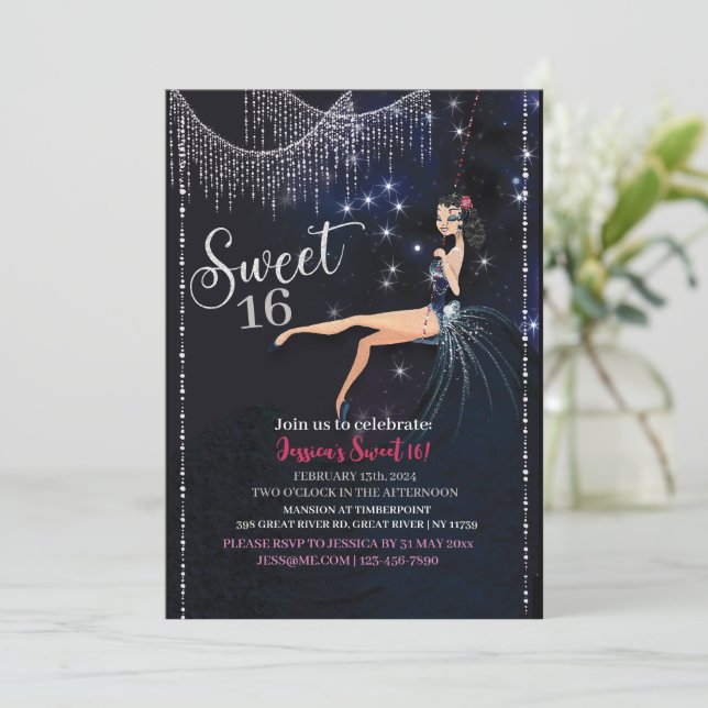 Invitation Sweet 16 Swing Girl With Silver Disco Glitter (Debout devant)
