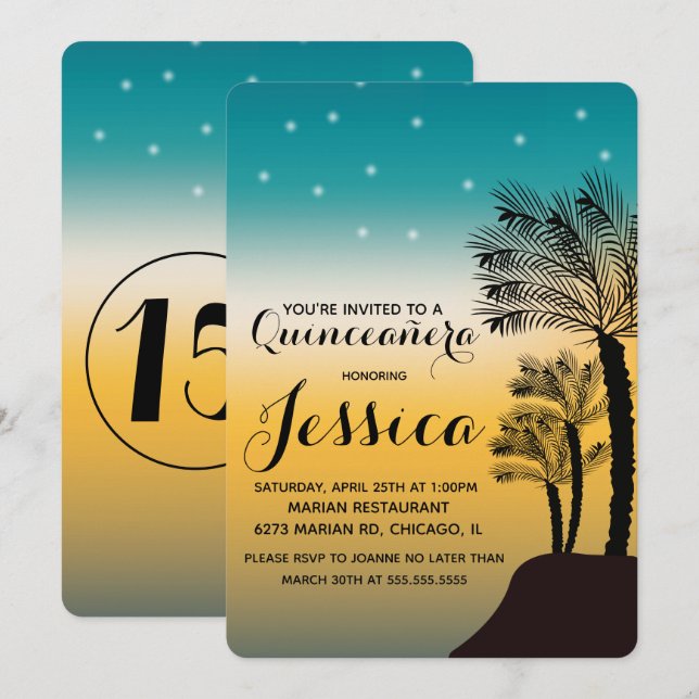 Invitation Sweet 16 | Teal Ombre Sunset Plage Tropical (Devant / Derrière)