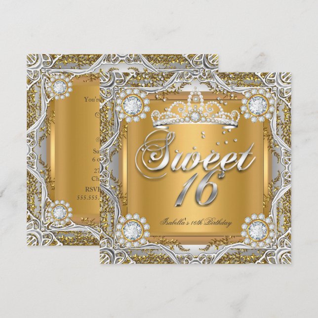 Invitation Sweet 16 Tiara Gold Silver Diamond fête d'annivers (Devant / Derrière)