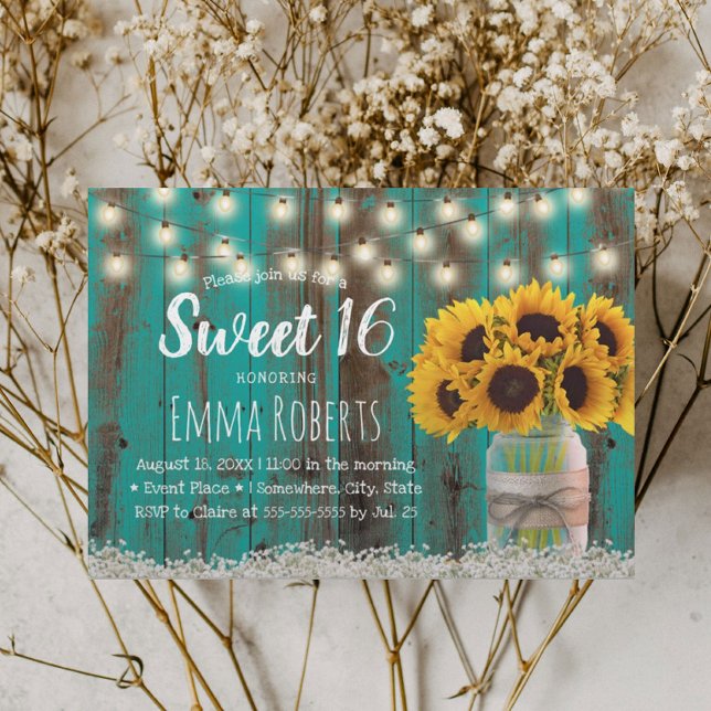 Invitation Sweet 16 Tournesol rustique Jar Grange Turquoise B (Créateur téléchargé)
