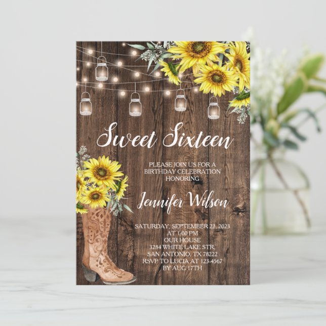 Invitation Sweet 16 Tournesols Rustiques Lights (Debout devant)