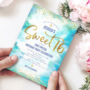 Invitation Sweet 16 Turquoise Aquarelle Or Anniversaire Moder