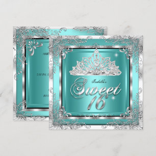 Invitation Sweet 16 Turquoise Bleu Argent Diamant Diadème Fêt