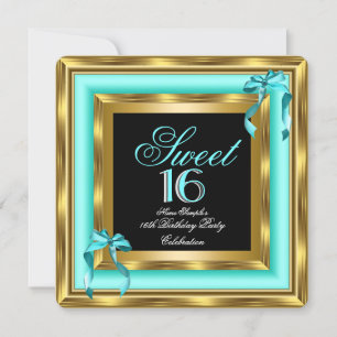 Invitation Sweet 16 Turquoise Bleu Or Noir 16e fête d'anniver
