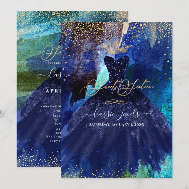 Invitation Sweet 16 Turquoise Marine bleu Aquarelle Gown (Devant / Derrière)