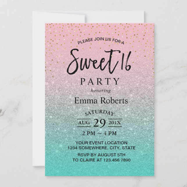 Invitation Sweet 16 Turquoise moderne rose Parties scintillan (Devant)