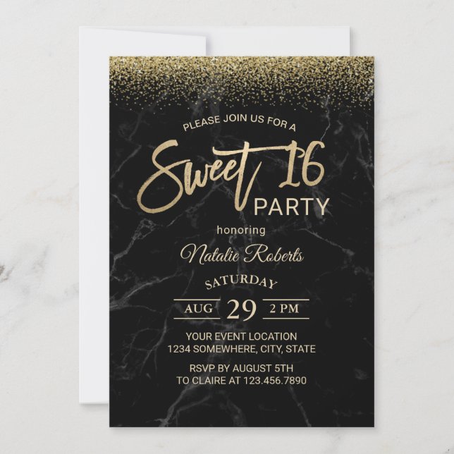 Invitation Sweet 16 Typographie Or moderne Marbre noir (Devant)