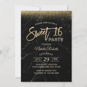 Invitation Sweet 16 Typographie Or moderne Marbre noir