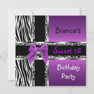Invitation Sweet 16 violet rose argent noir Zèbre noir Léopar