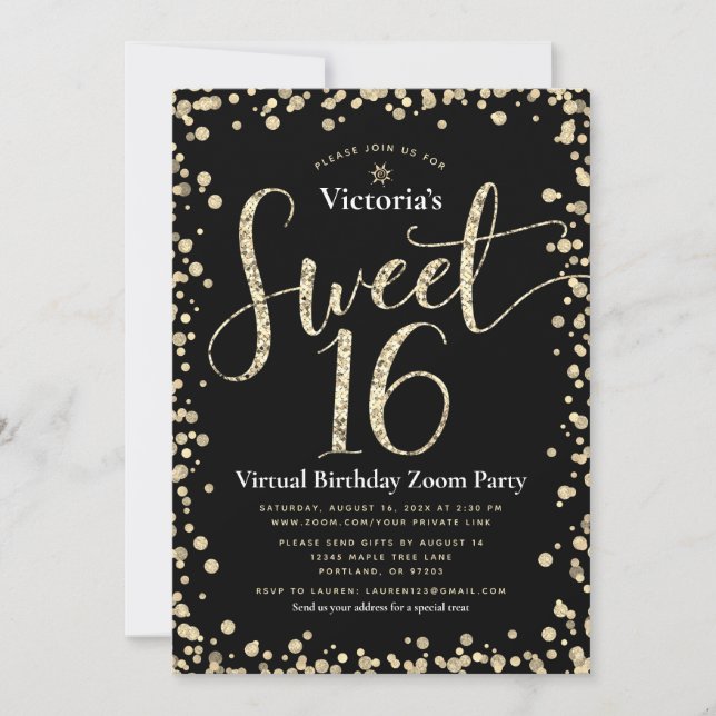 Invitation Sweet 16 Virtual Girly Black Gold Parties scintill (Devant)
