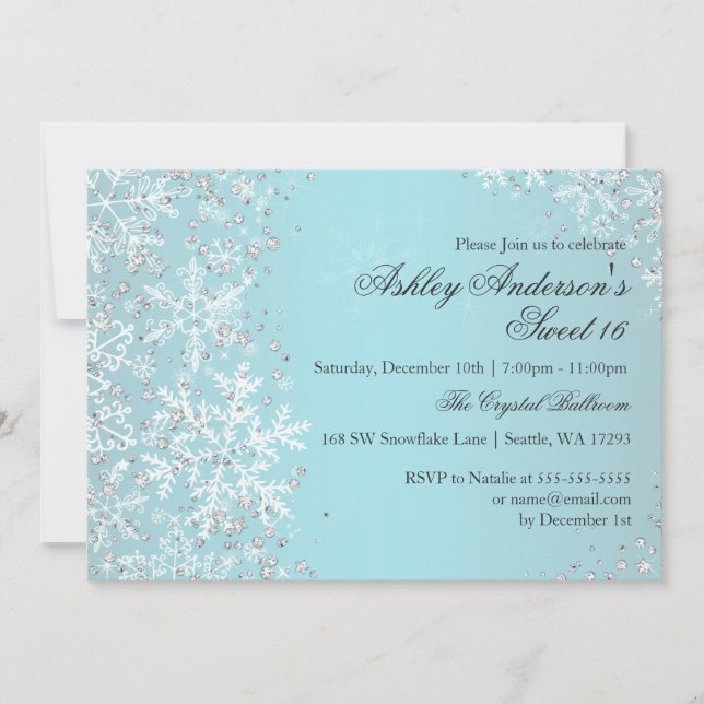 Invitation Sweet 16 Winter Wonderland Sparkle Snowflakes (Devant)