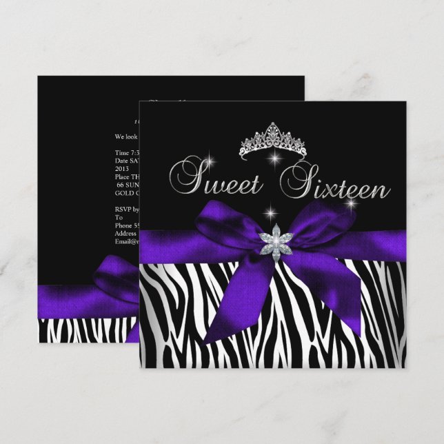 Invitation Sweet 16 Zèbre violet noir Diamants image (Devant / Derrière)