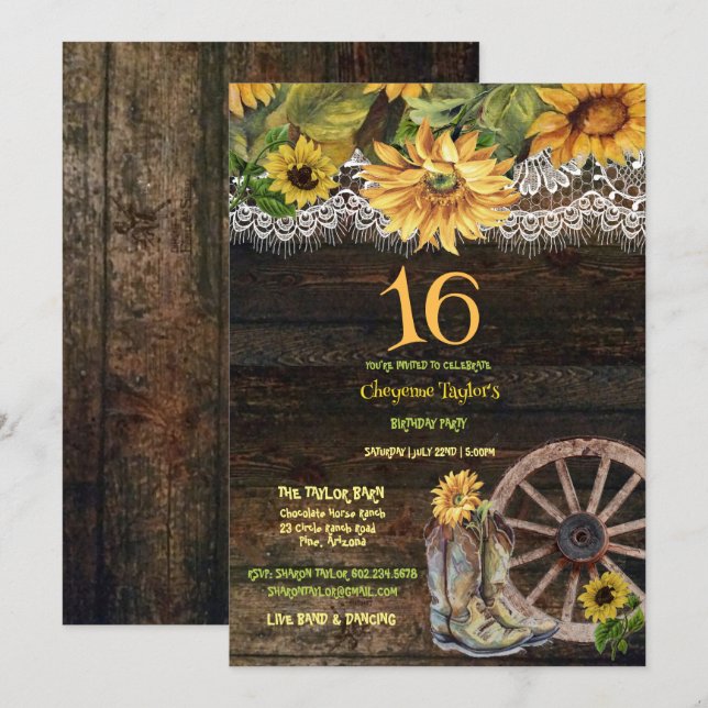 Invitation Sweet 16e anniversaire Grange Bois Sunflowers Dent (Devant / Derrière)