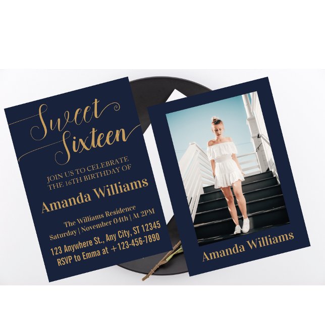 Invitation Sweet 16e anniversaire Photo Blue and Gold Luxury (Créateur téléchargé)