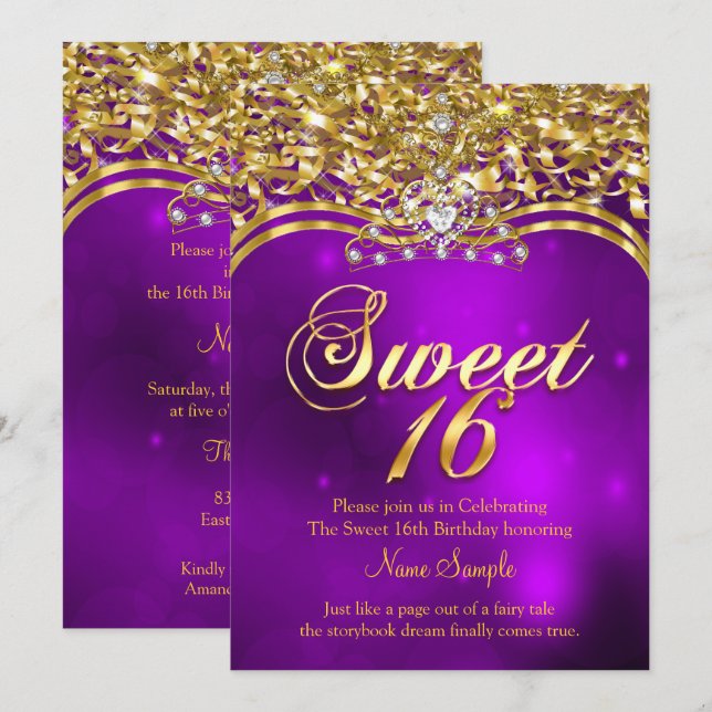 Invitation Sweet 16e fête d'anniversaire Purple Parties scint (Devant / Derrière)