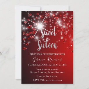Invitation Sweet 16ème Elisabeth Rouge Gris Argent Gouttes Ph
