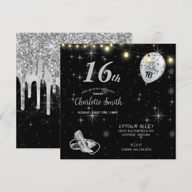 Invitation Sweet 16th Birthday Party Stiletto's Balloons Invi (Devant / Derrière)