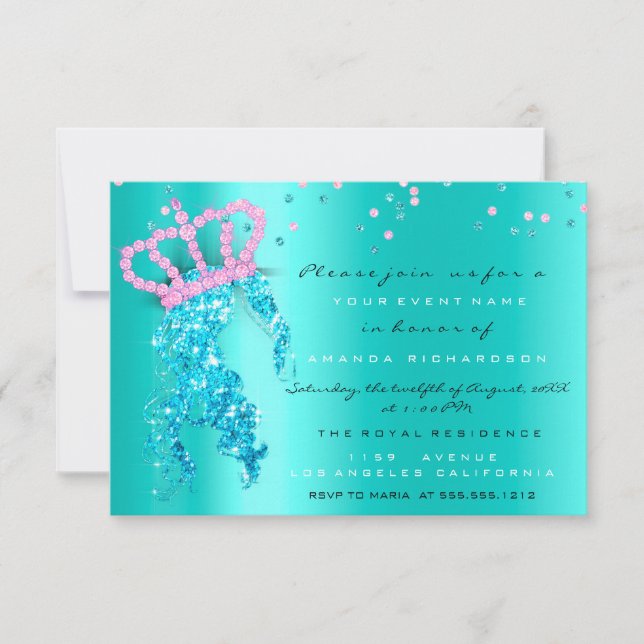 Invitation Sweet 16th Crown Princess Confetti Blue Mint rose (Devant)