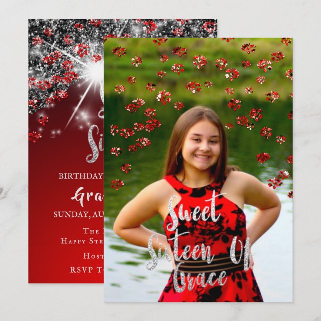 Invitation Sweet 16th Elisabeth Red Grey Silver Drips Photo (Devant / Derrière)