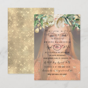 Invitation Sweet 16th Photo Flowers Gold Spark Girly
