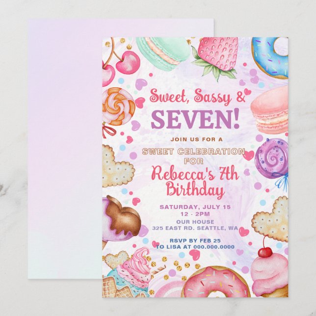 Invitation Sweet and Sassy 7th Birthday Party (Devant / Derrière)
