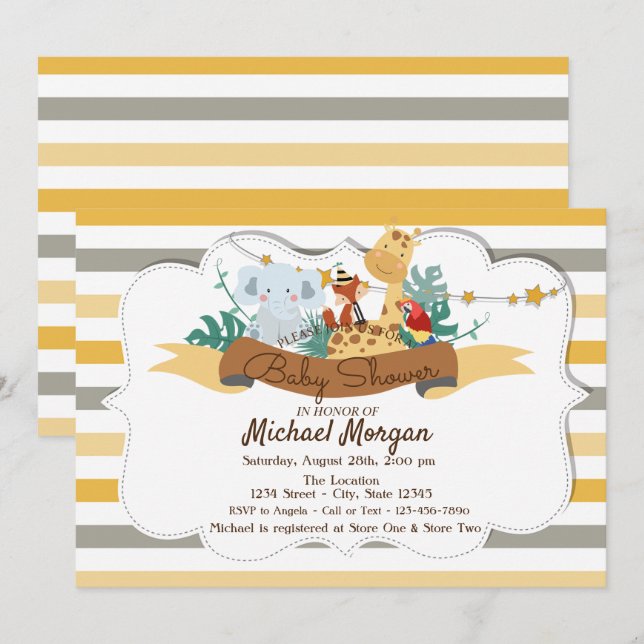 Invitation Sweet Animaux Safari Baby shower rayé (Devant / Derrière)