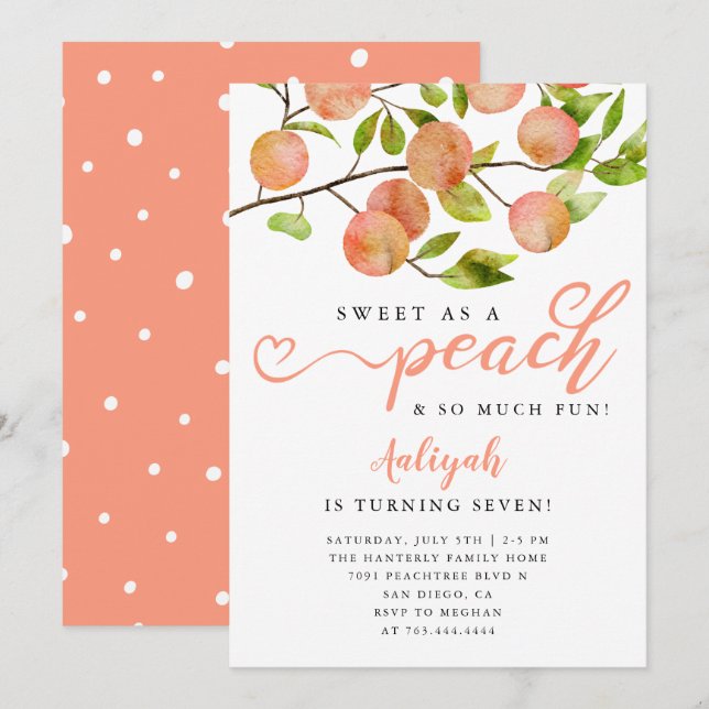 Invitation Sweet As A Peach Girl Anniversaire (Devant / Derrière)